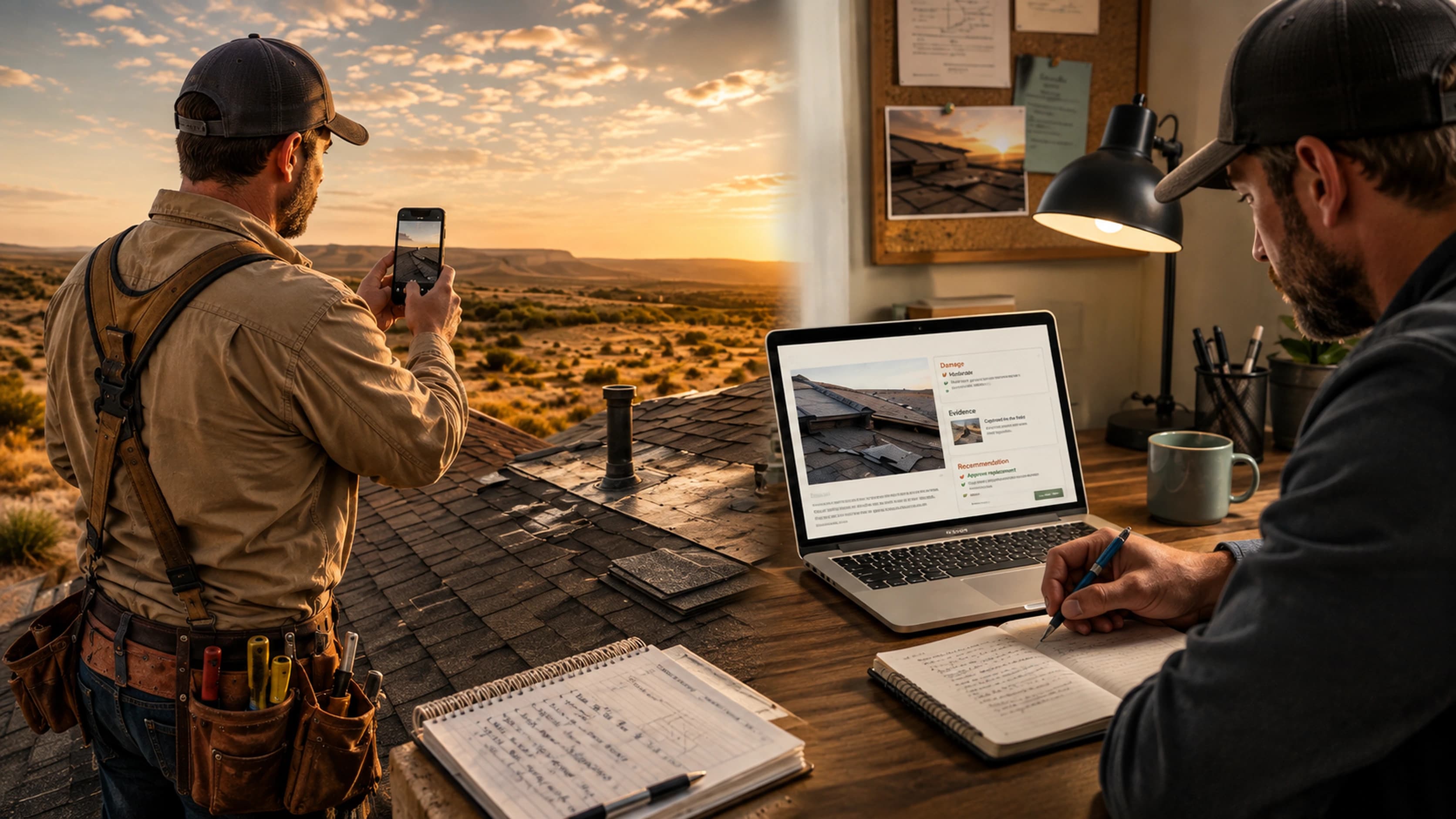 A field roof inspection moving into an office review workflow